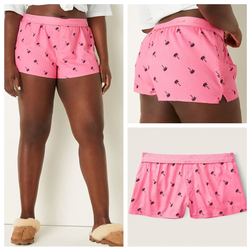 Vs Victorias Secret Pink Flannel Sleep Boxy Short Shortie Pink Palm Tree XXL